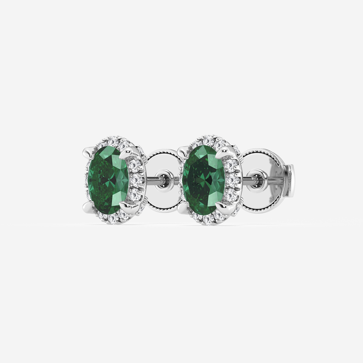Additional Image 1 for  6x4 mm Oval Created Emerald and 1/4 ctw Round Lab Grown Diamond Shadow Halo Stud Earrings