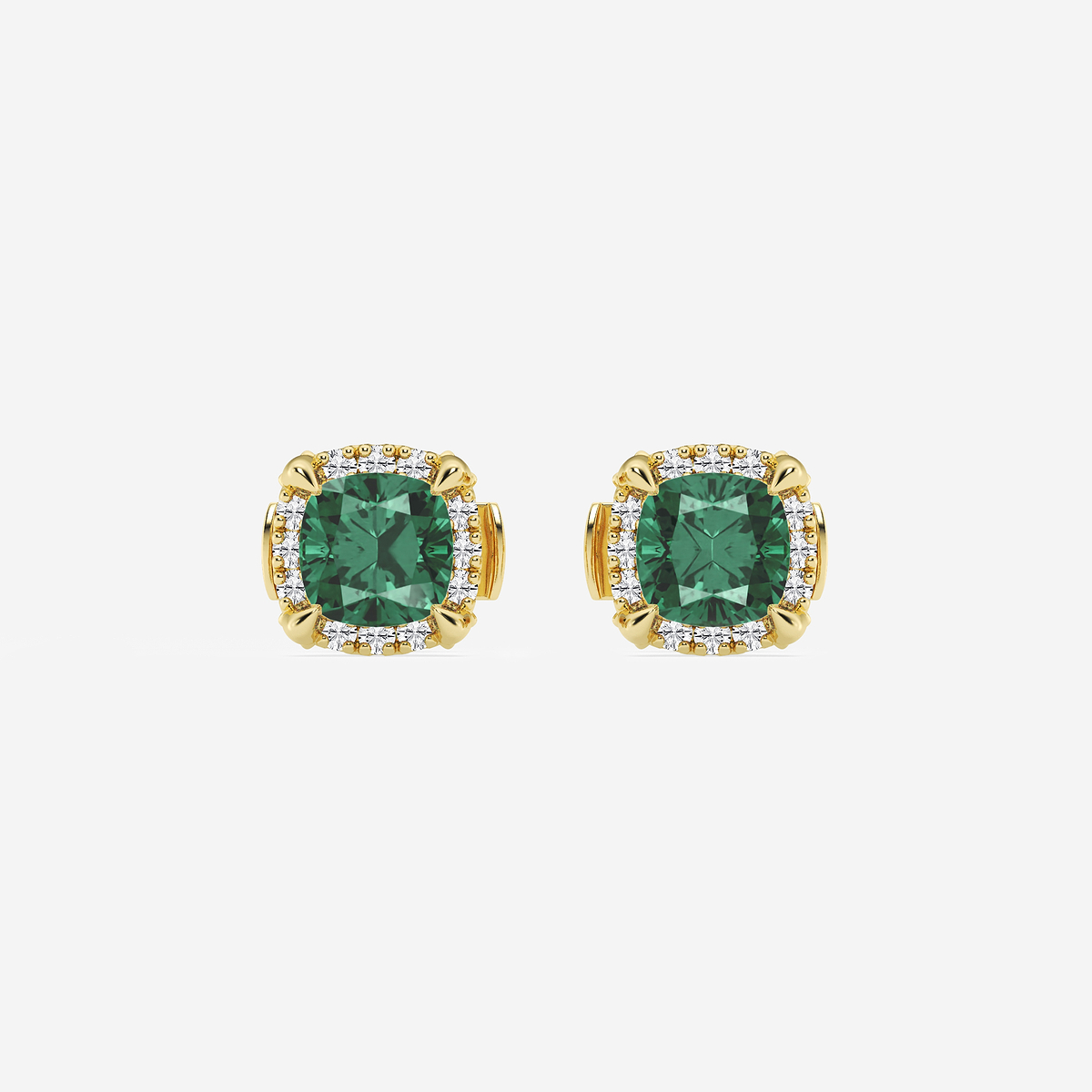 4.6 mm Cushion Cut Created Emerald and 1/4 ctw Round Lab Grown Diamond Shadow Halo Stud Earrings