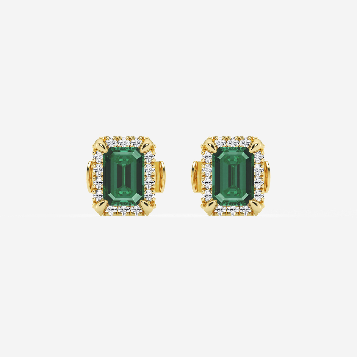 6x4 mm Created Emerald and 1/4 ctw Round Lab Grown Diamond Shadow Halo Stud Earrings
