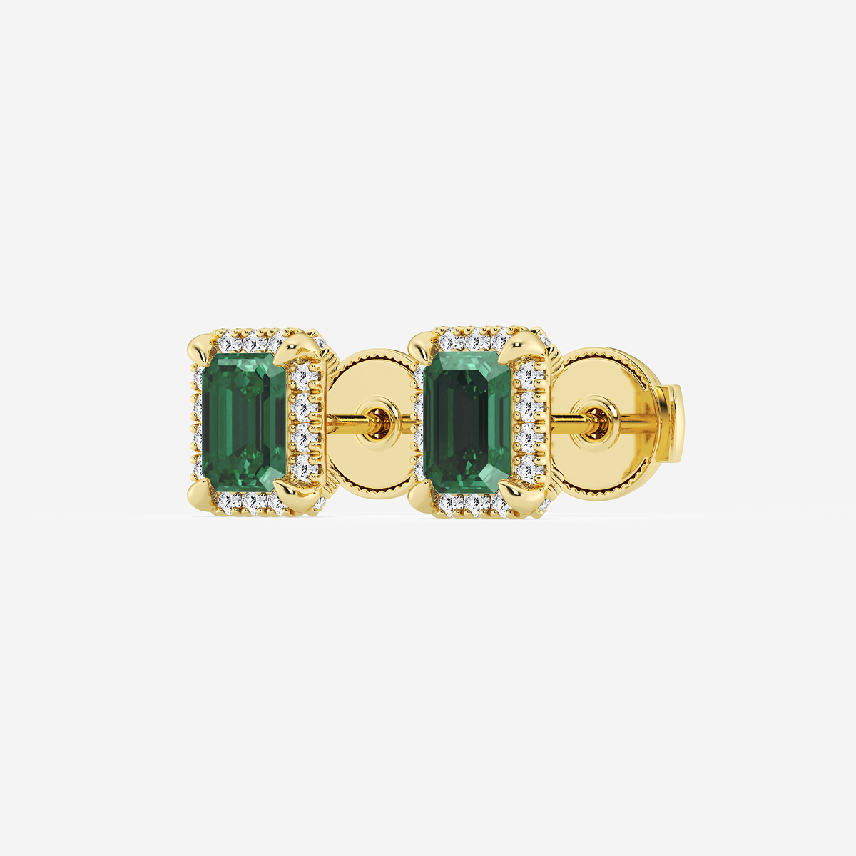 Additional Image 1 for  6x4 mm Created Emerald and 1/4 ctw Round Lab Grown Diamond Shadow Halo Stud Earrings