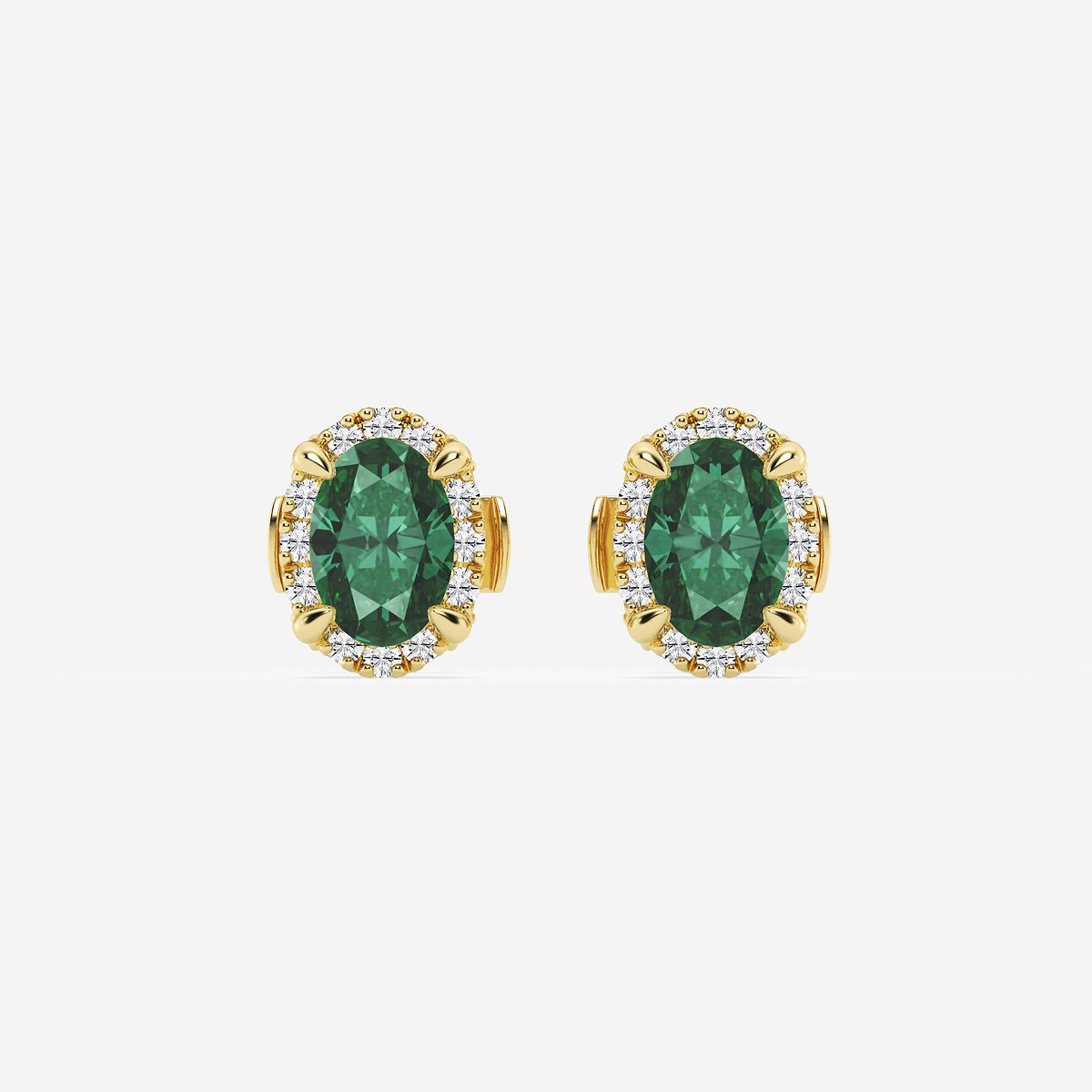 6x4 mm Oval Created Emerald and 1/4 ctw Round Lab Grown Diamond Shadow Halo Stud Earrings