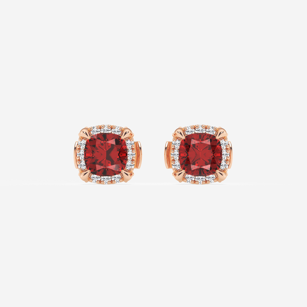 4.6 mm Cushion Cut Created Ruby and 1/4 ctw Round Lab Grown Diamond Shadow Halo Stud Earrings