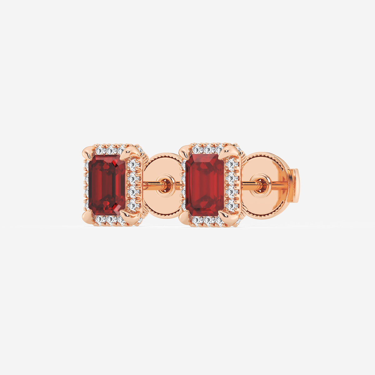 Additional Image 1 for  6x4 mm Emerald Cut Created Ruby and 1/4 ctw Round Lab Grown Diamond Shadow Halo Stud Earrings