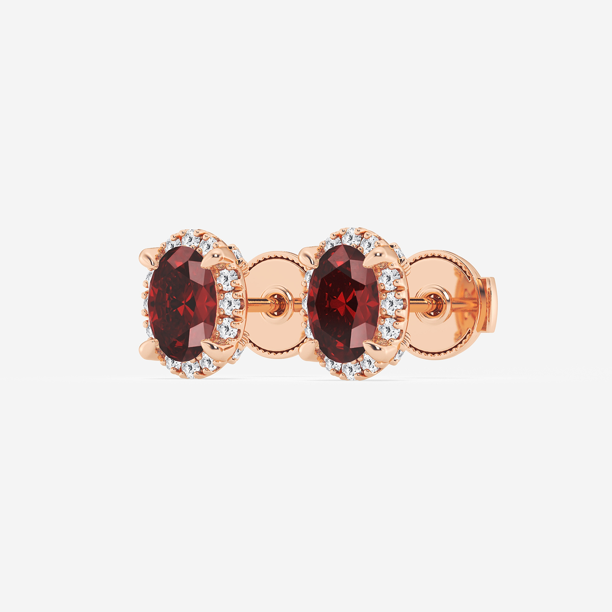 Additional Image 1 for  6x4 mm Oval Created Ruby and 1/4 ctw Round Lab Grown Diamond Shadow Halo Stud Earrings