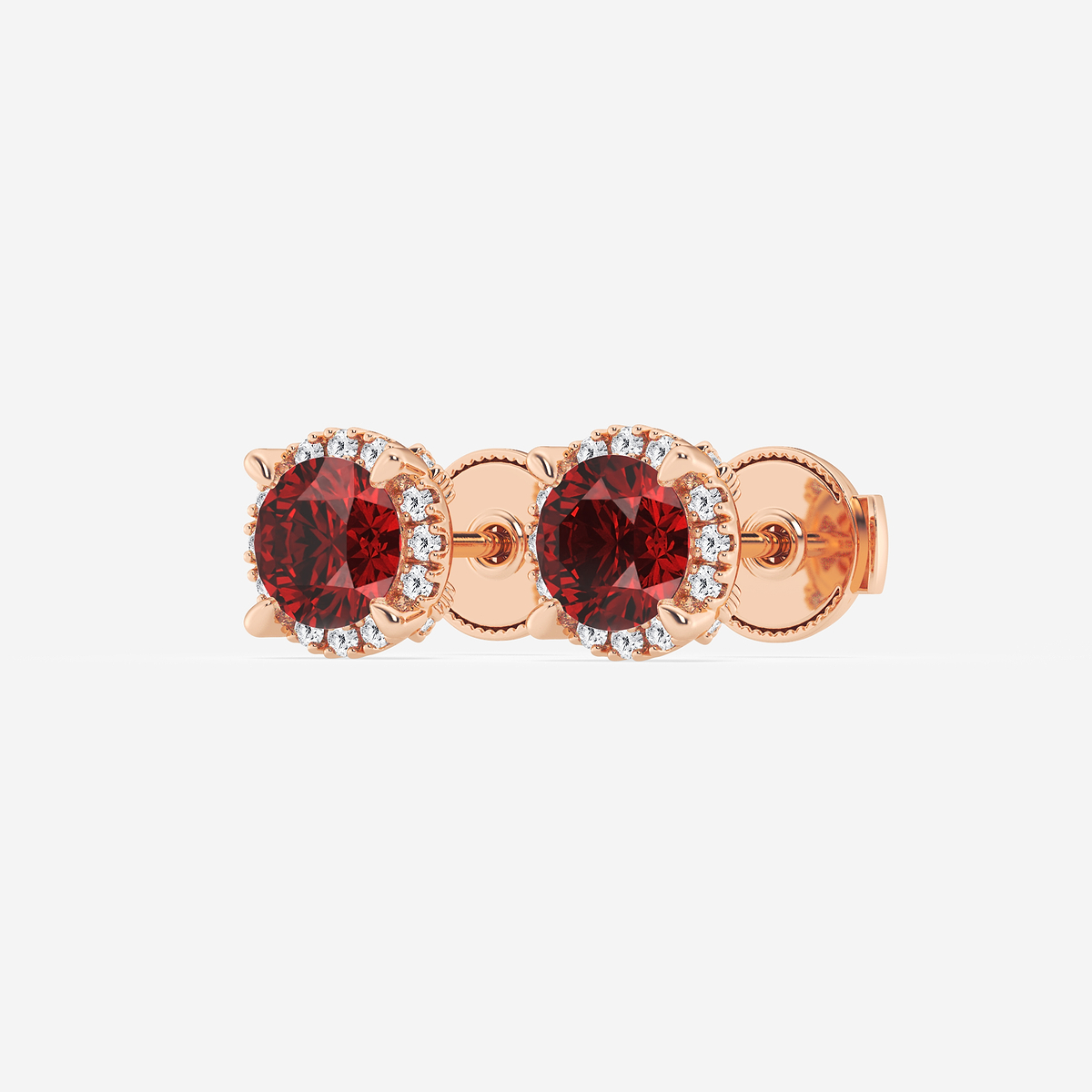 5.1 mm Round Created Ruby and 1/5 ctw Round Lab Grown Diamond Shadow Halo Stud Earrings 14K Rose Gold