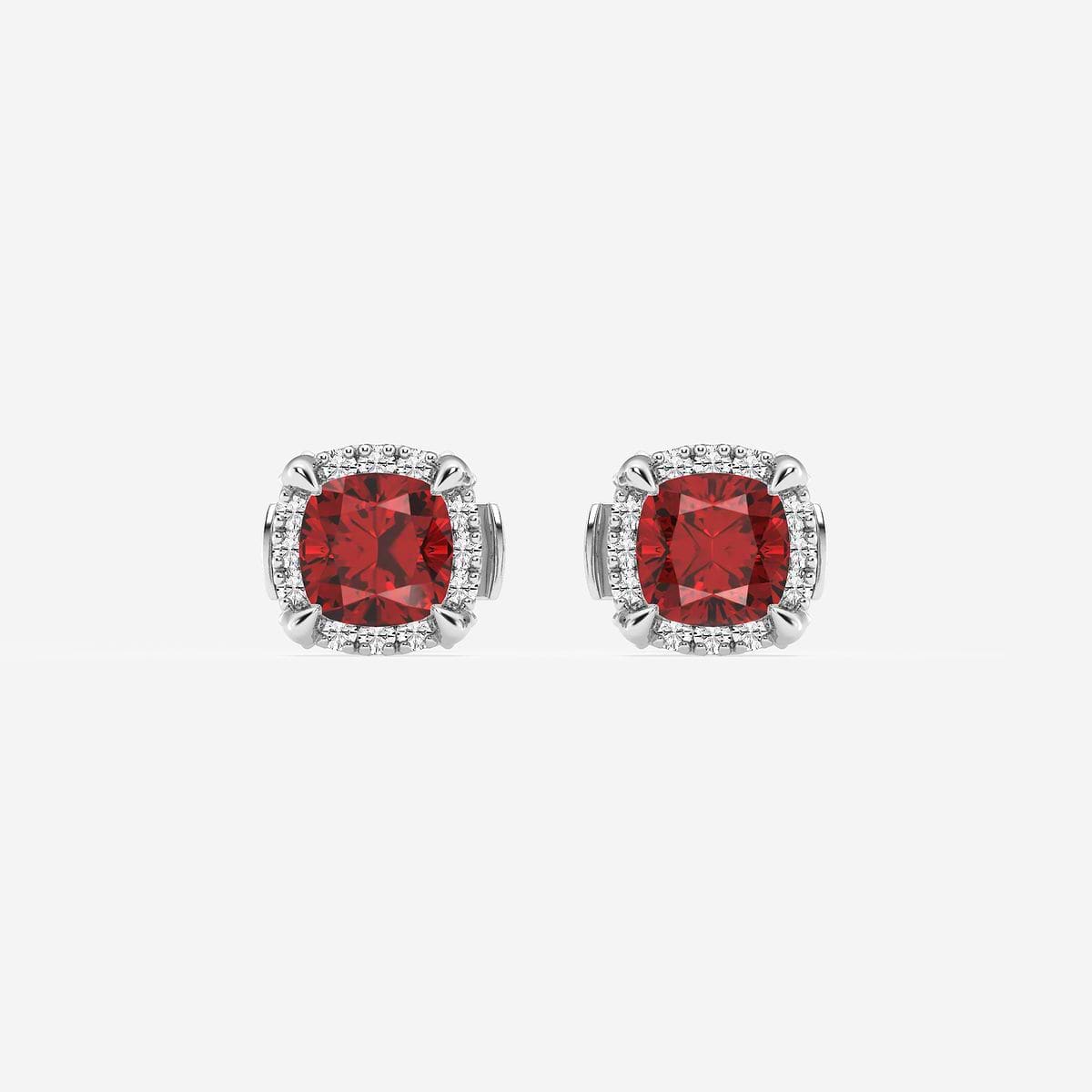 7.0X7.0 mm Cushion Cut Created Ruby and 1/3 ctw Round Lab Grown Diamond Shadow Halo Stud Earrings