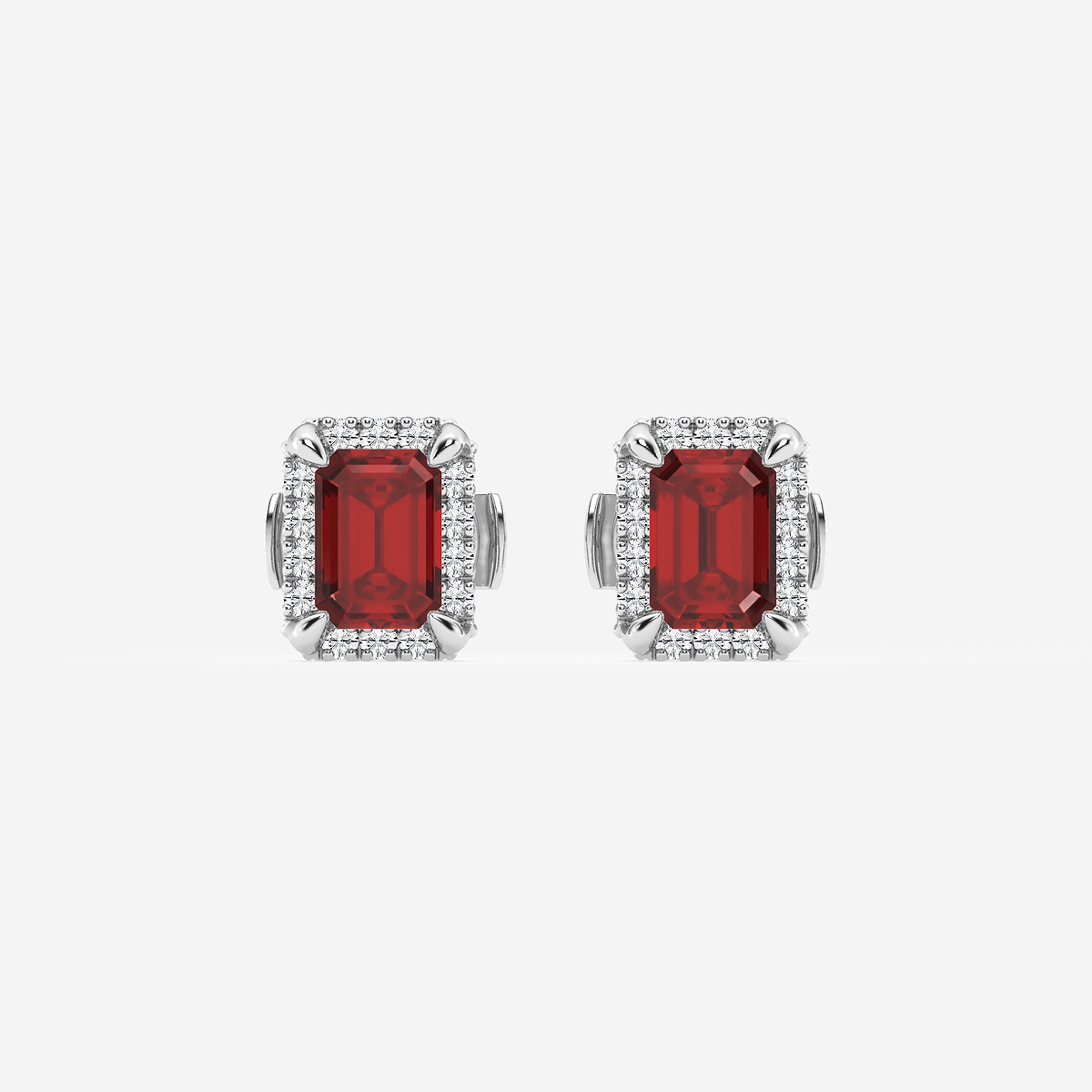 6x4 mm Emerald Cut Created Ruby and 1/4 ctw Round Lab Grown Diamond Shadow Halo Stud Earrings