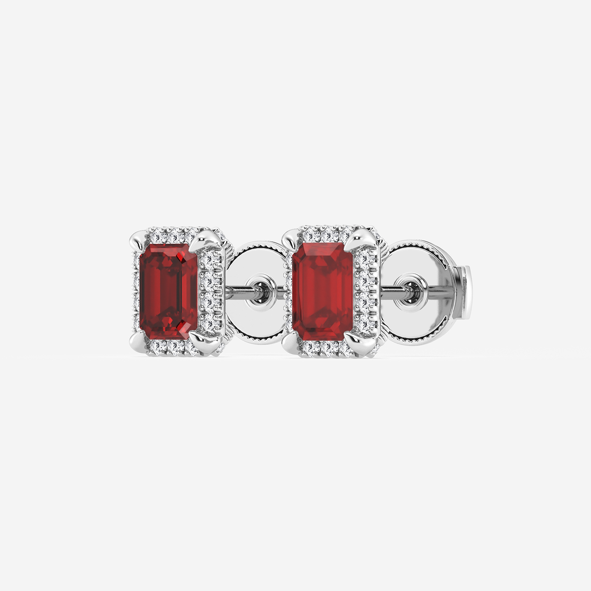 Additional Image 1 for  6x4 mm Emerald Cut Created Ruby and 1/4 ctw Round Lab Grown Diamond Shadow Halo Stud Earrings