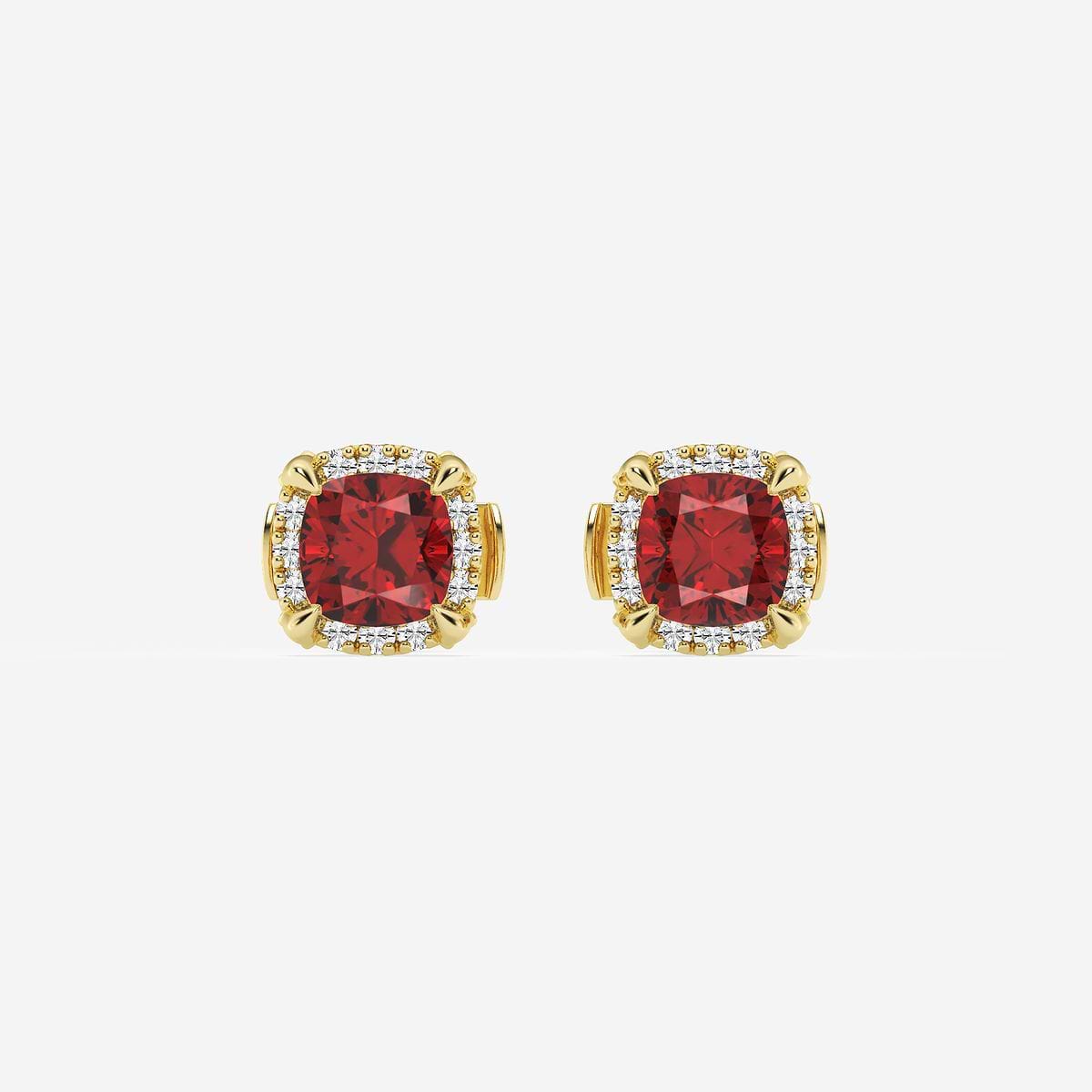 4.60X4.60 mm Cushion Cut Created Ruby and 1/5 ctw Round Lab Grown Diamond Shadow Halo Stud Earrings 14K Yellow Gold