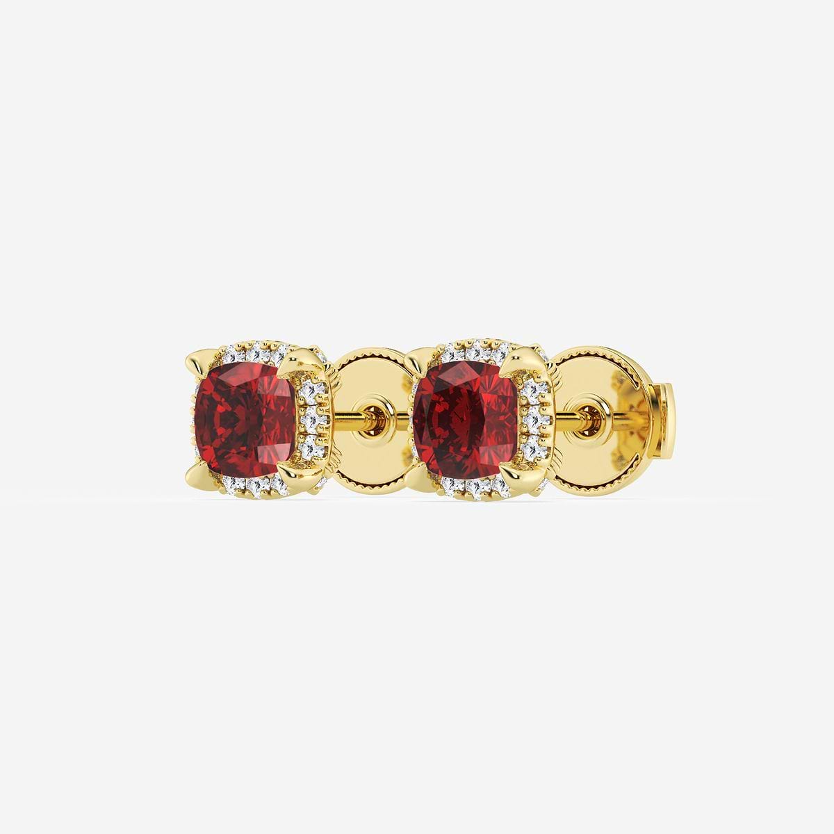 4.60X4.60 mm Cushion Cut Created Ruby and 1/5 ctw Round Lab Grown Diamond Shadow Halo Stud Earrings 14K Yellow Gold