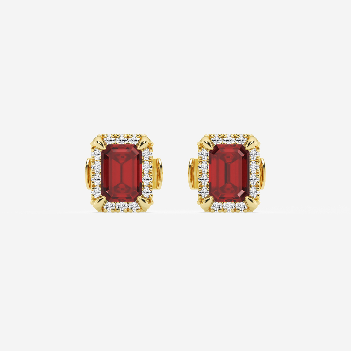 6x4 mm Emerald Cut Created Ruby and 1/4 ctw Round Lab Grown Diamond Shadow Halo Stud Earrings