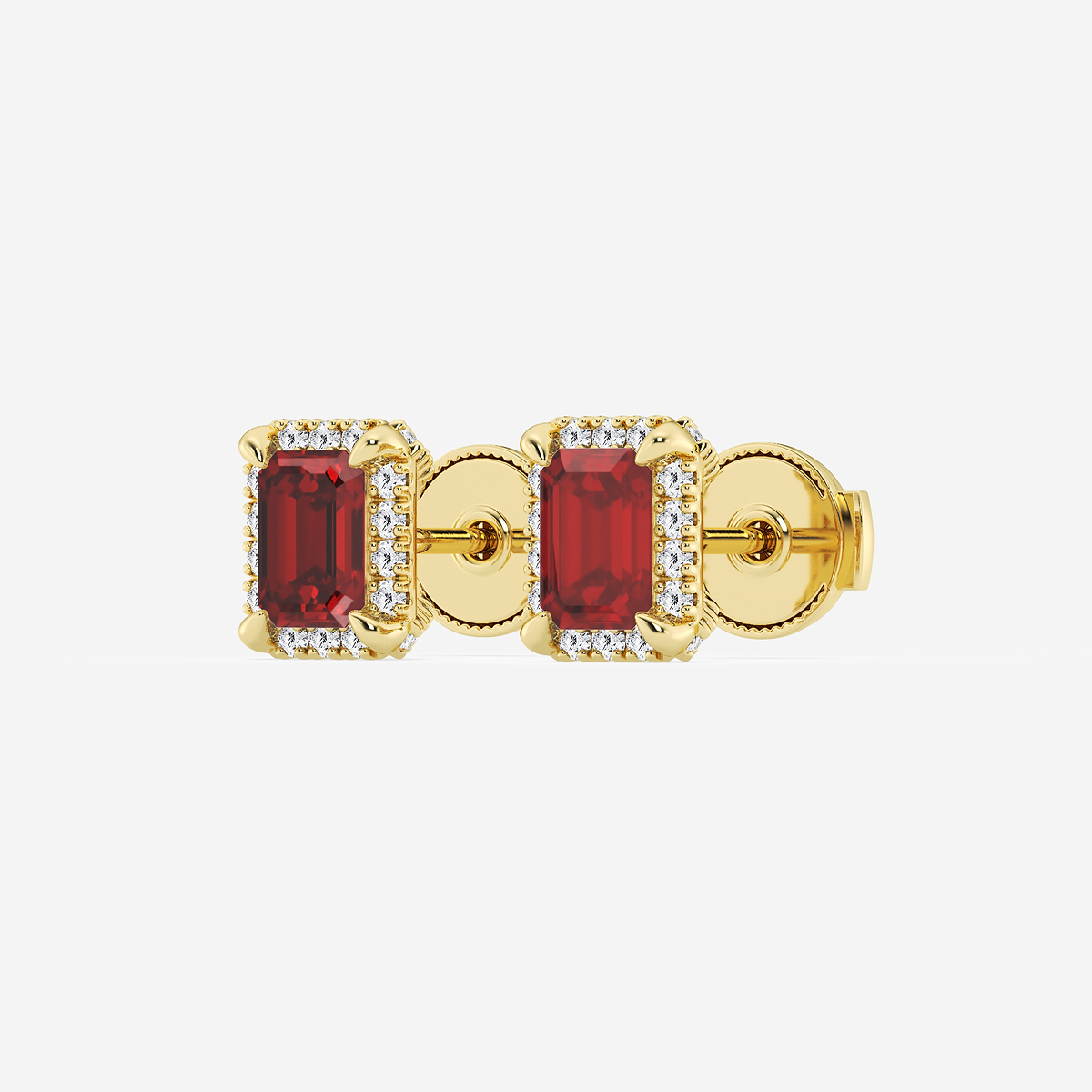 Additional Image 1 for  6x4 mm Emerald Cut Created Ruby and 1/4 ctw Round Lab Grown Diamond Shadow Halo Stud Earrings