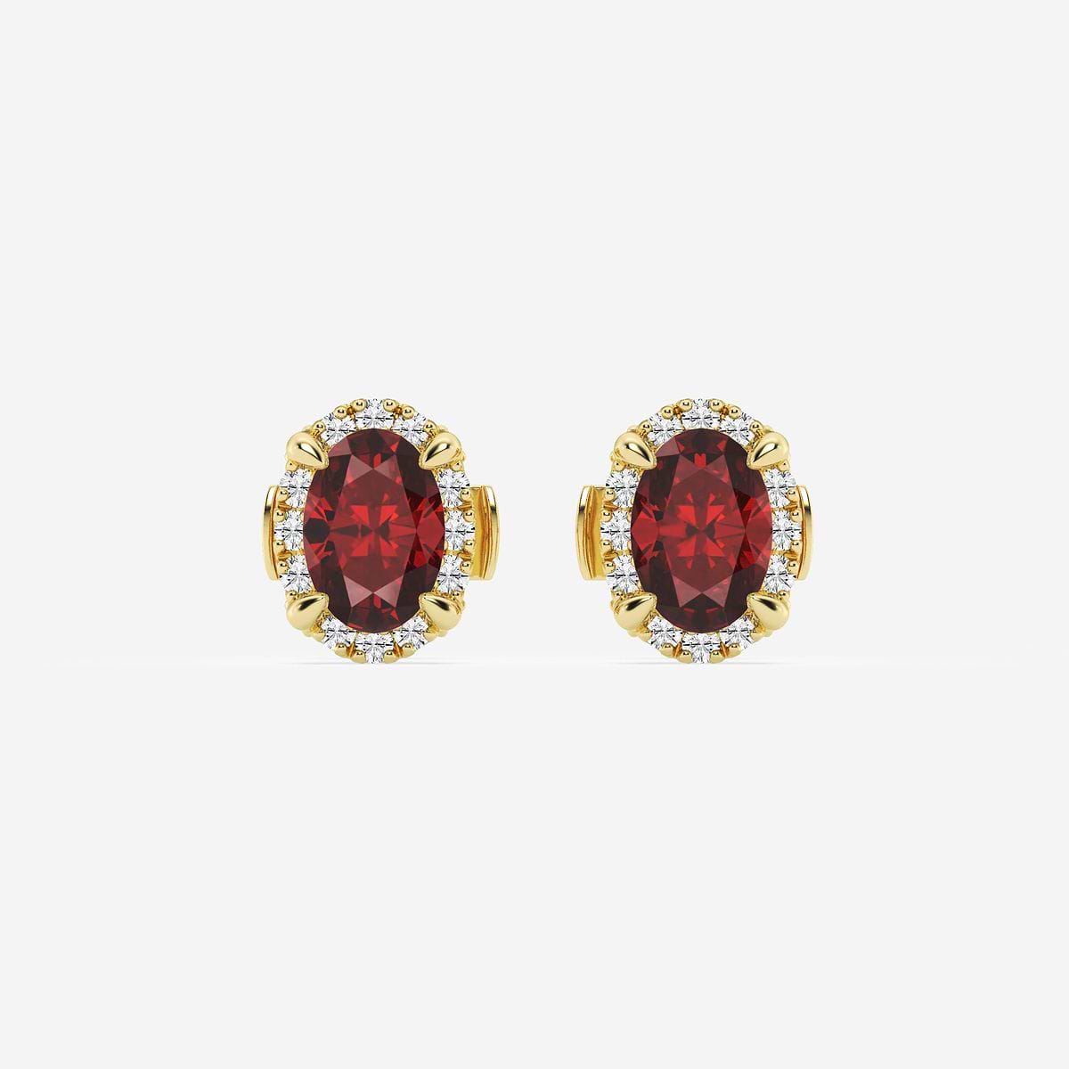 6.30X4.40 mm Oval Created Ruby and 1/5 ctw Round Lab Grown Diamond Shadow Halo Stud Earrings 14K Yellow Gold