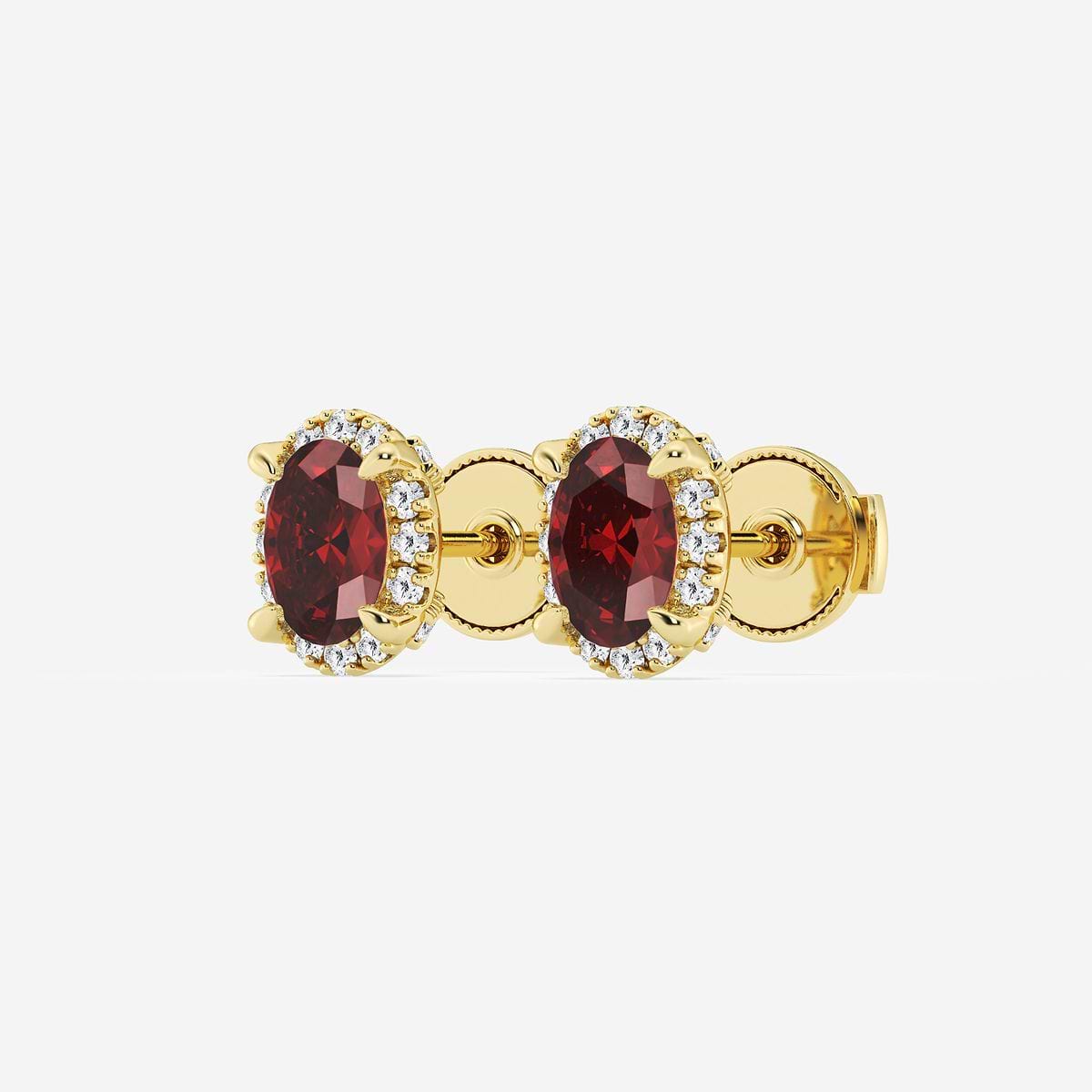 6.30X4.40 mm Oval Created Ruby and 1/5 ctw Round Lab Grown Diamond Shadow Halo Stud Earrings 14K Yellow Gold
