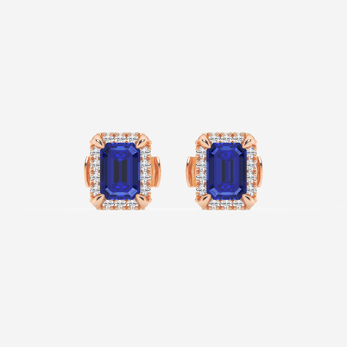 6x4 mm Emerald Cut Created Sapphire and 1/4 ctw Round Lab Grown Diamond Shadow Halo Stud Earrings