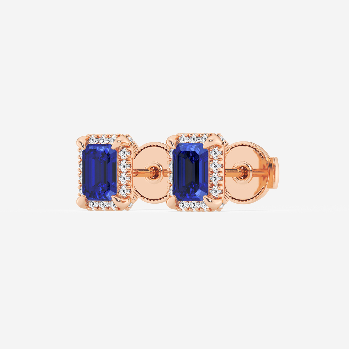 Additional Image 1 for  6x4 mm Emerald Cut Created Sapphire and 1/4 ctw Round Lab Grown Diamond Shadow Halo Stud Earrings