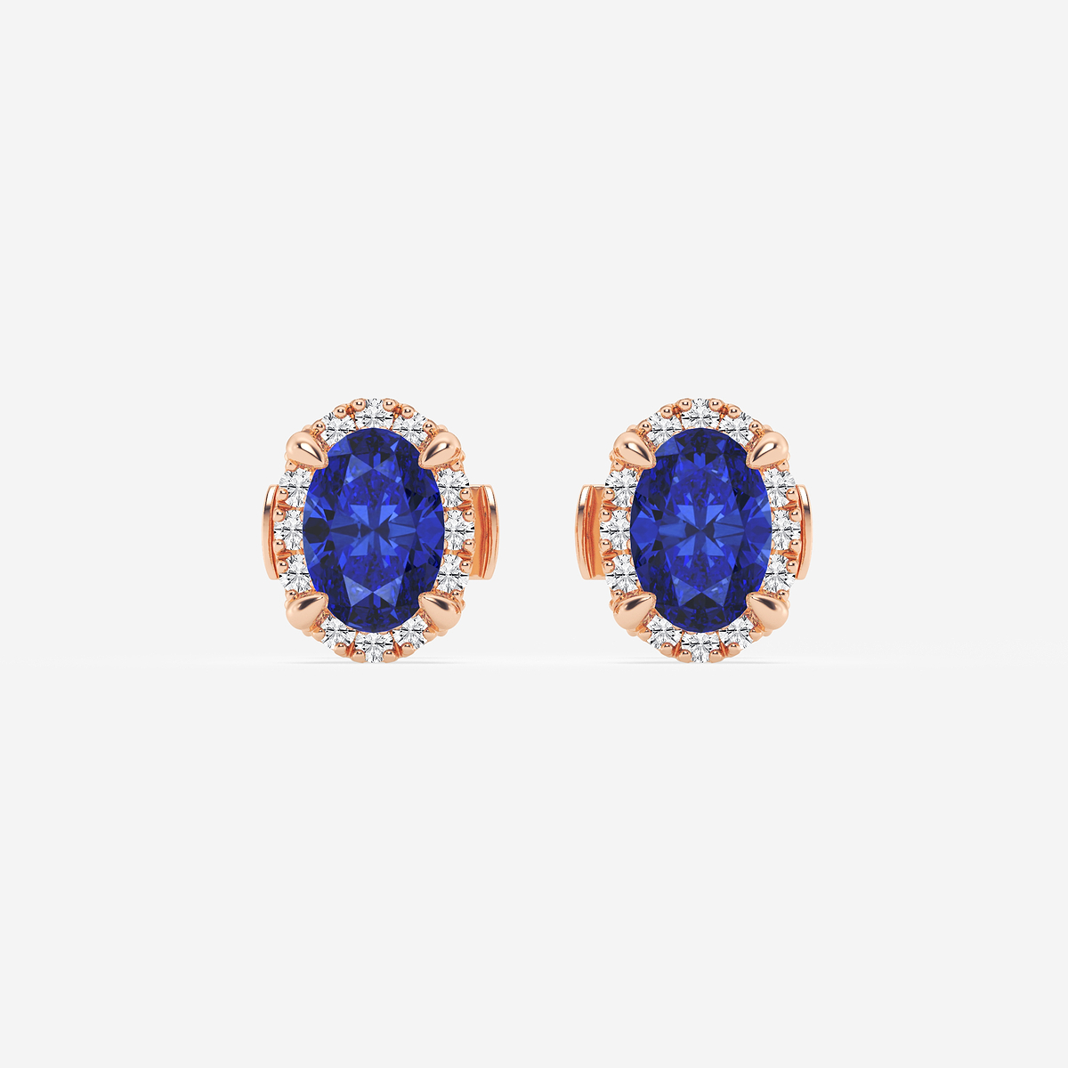 6x4 mm Oval Created Sapphire and 1/4 ctw Round Lab Grown Diamond Shadow Halo Stud Earrings