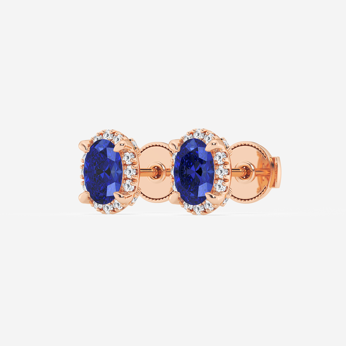 Additional Image 1 for  6x4 mm Oval Created Sapphire and 1/4 ctw Round Lab Grown Diamond Shadow Halo Stud Earrings