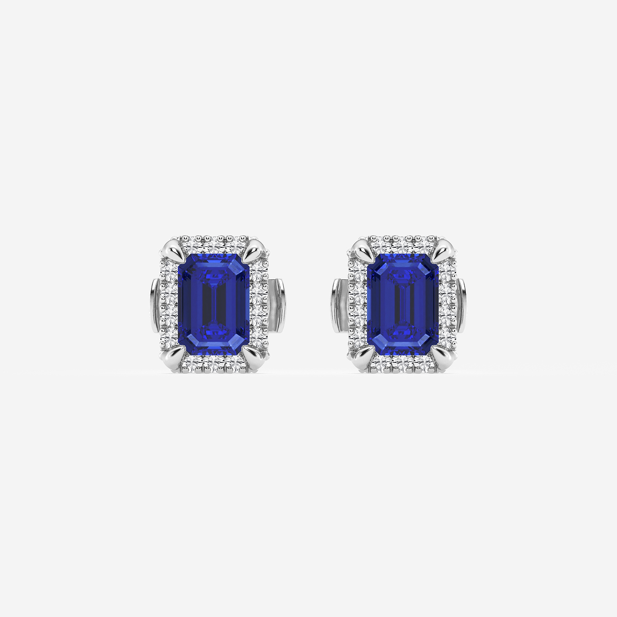 6x4 mm Emerald Cut Created Sapphire and 1/4 ctw Round Lab Grown Diamond Shadow Halo Stud Earrings