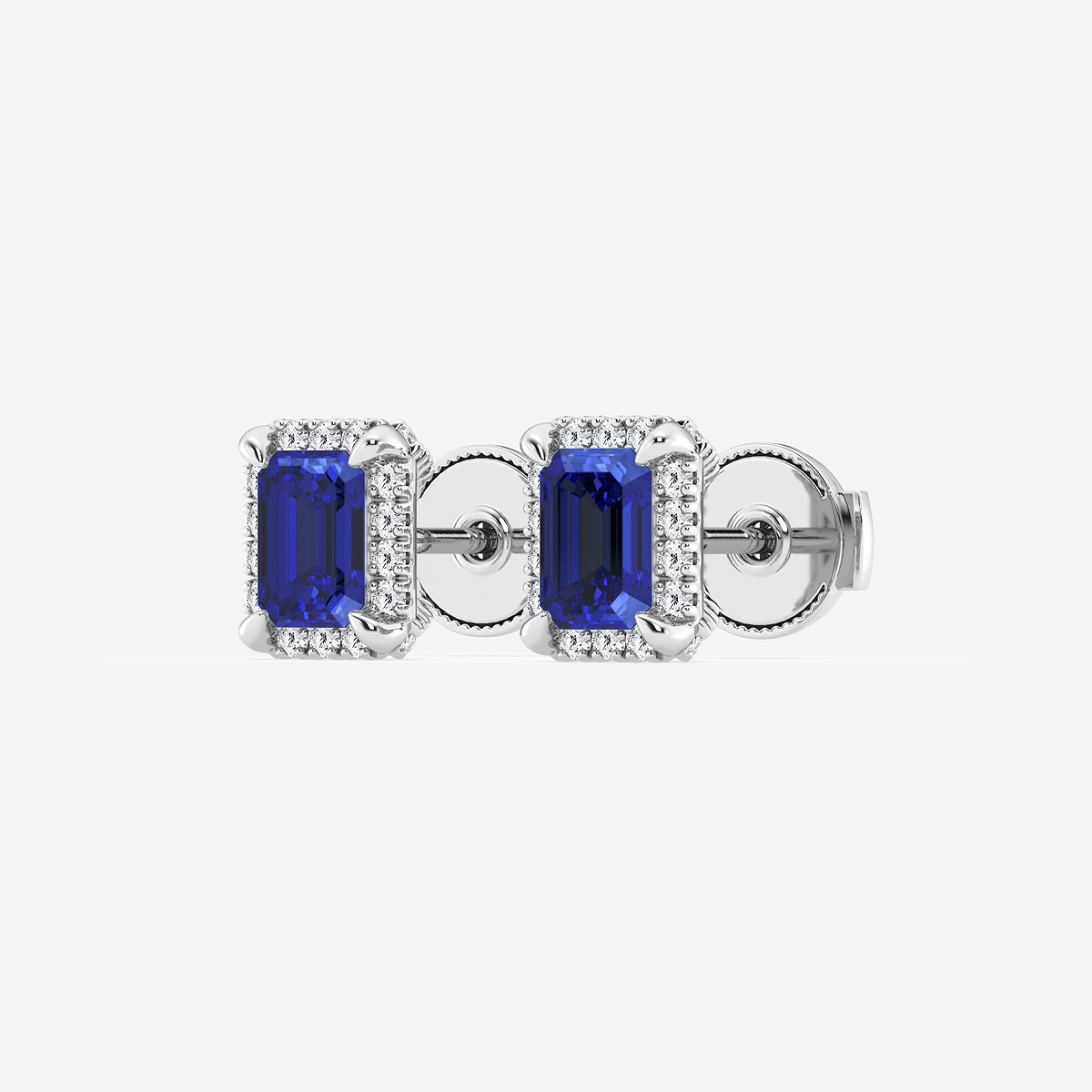 Additional Image 1 for  6x4 mm Emerald Cut Created Sapphire and 1/4 ctw Round Lab Grown Diamond Shadow Halo Stud Earrings