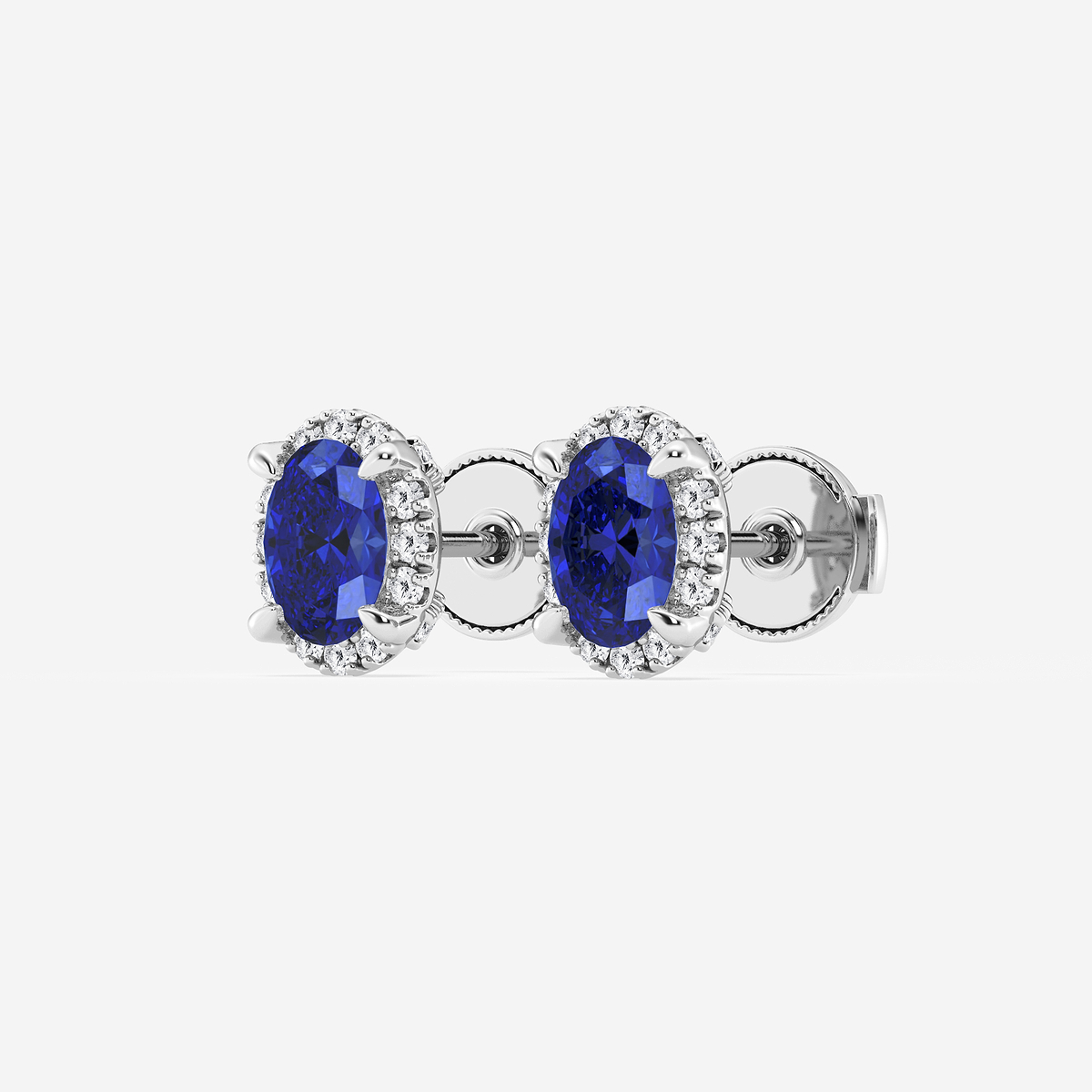 Additional Image 1 for  6x4 mm Oval Created Sapphire and 1/4 ctw Round Lab Grown Diamond Shadow Halo Stud Earrings