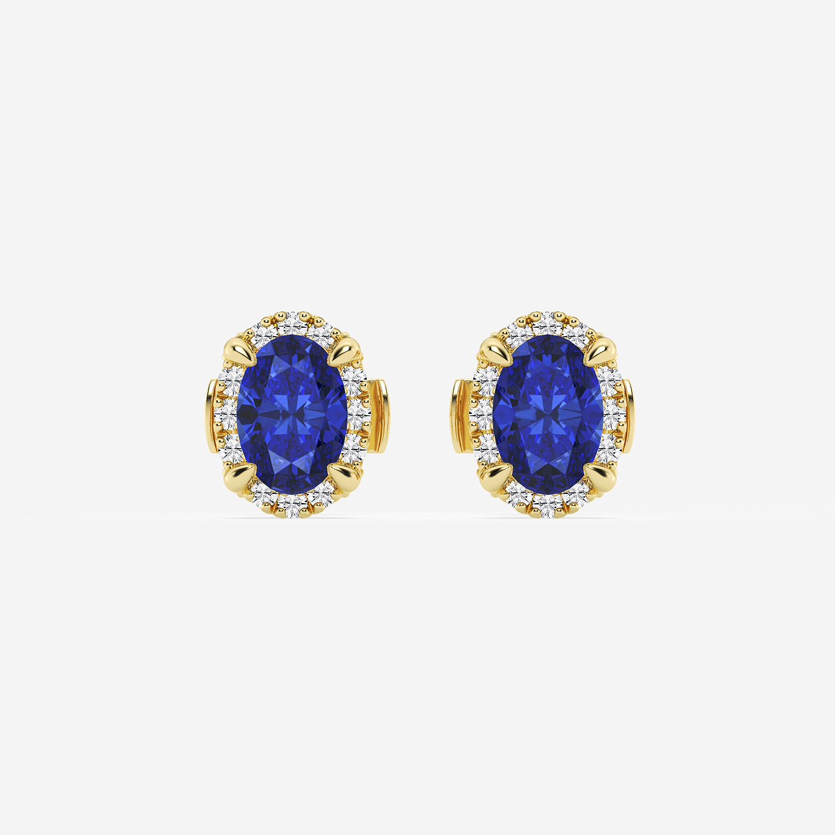 6.30X4.40 mm Oval Created Sapphire and 1/5 ctw Round Lab Grown Diamond Shadow Halo Stud Earrings 14K Yellow Gold