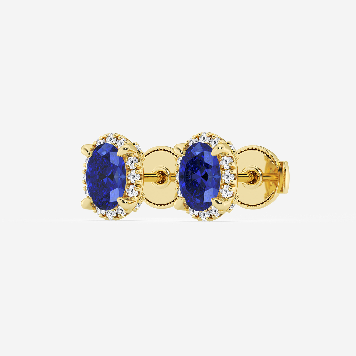 6.30X4.40 mm Oval Created Sapphire and 1/5 ctw Round Lab Grown Diamond Shadow Halo Stud Earrings 14K Yellow Gold