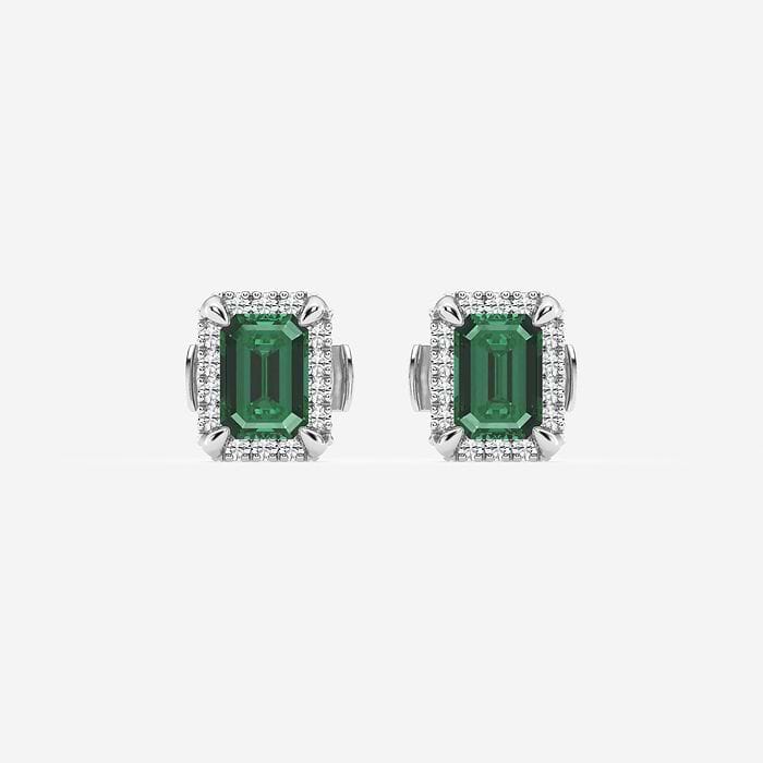 5.40x3.80 mm Created Emerald and 1/5 ctw Round Lab Grown Diamond Shadow Halo Stud Earrings