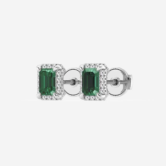 5.40x3.80 mm Created Emerald and 1/5 ctw Round Lab Grown Diamond Shadow Halo Stud Earrings