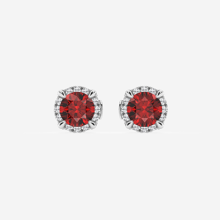 Ruby Round Studs - 5.1 mm Round Created Ruby and 1/4 ctw Round Lab Grown Diamond Shadow Halo Stud Earrings