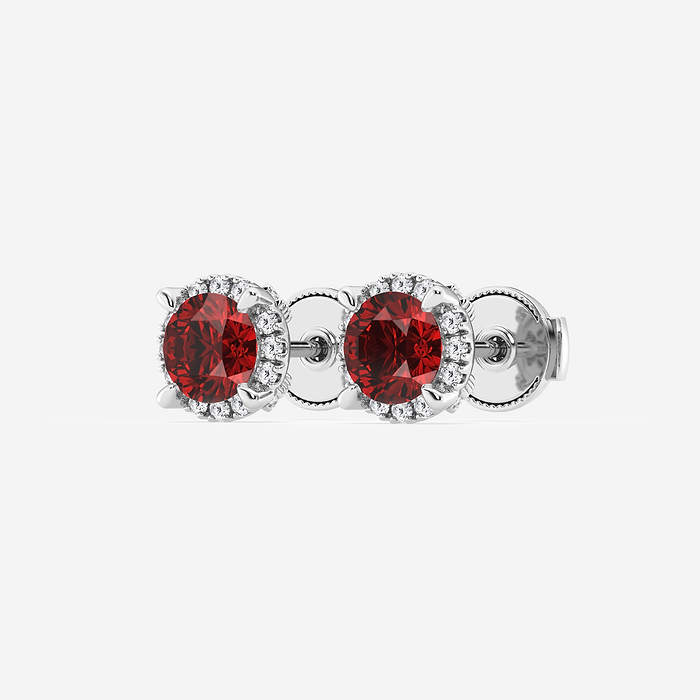 Ruby Round Studs - 5.1 mm Round Created Ruby and 1/4 ctw Round Lab Grown Diamond Shadow Halo Stud Earrings