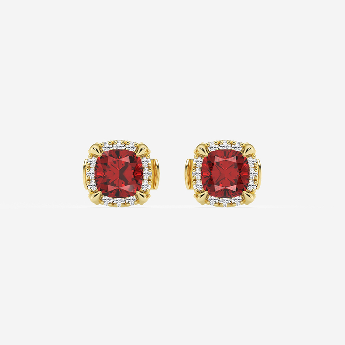 Ruby Cushion Studs - 4.6 mm Cushion Cut Created Ruby and 1/4 ctw Round Lab Grown Diamond Shadow Halo Stud Earrings