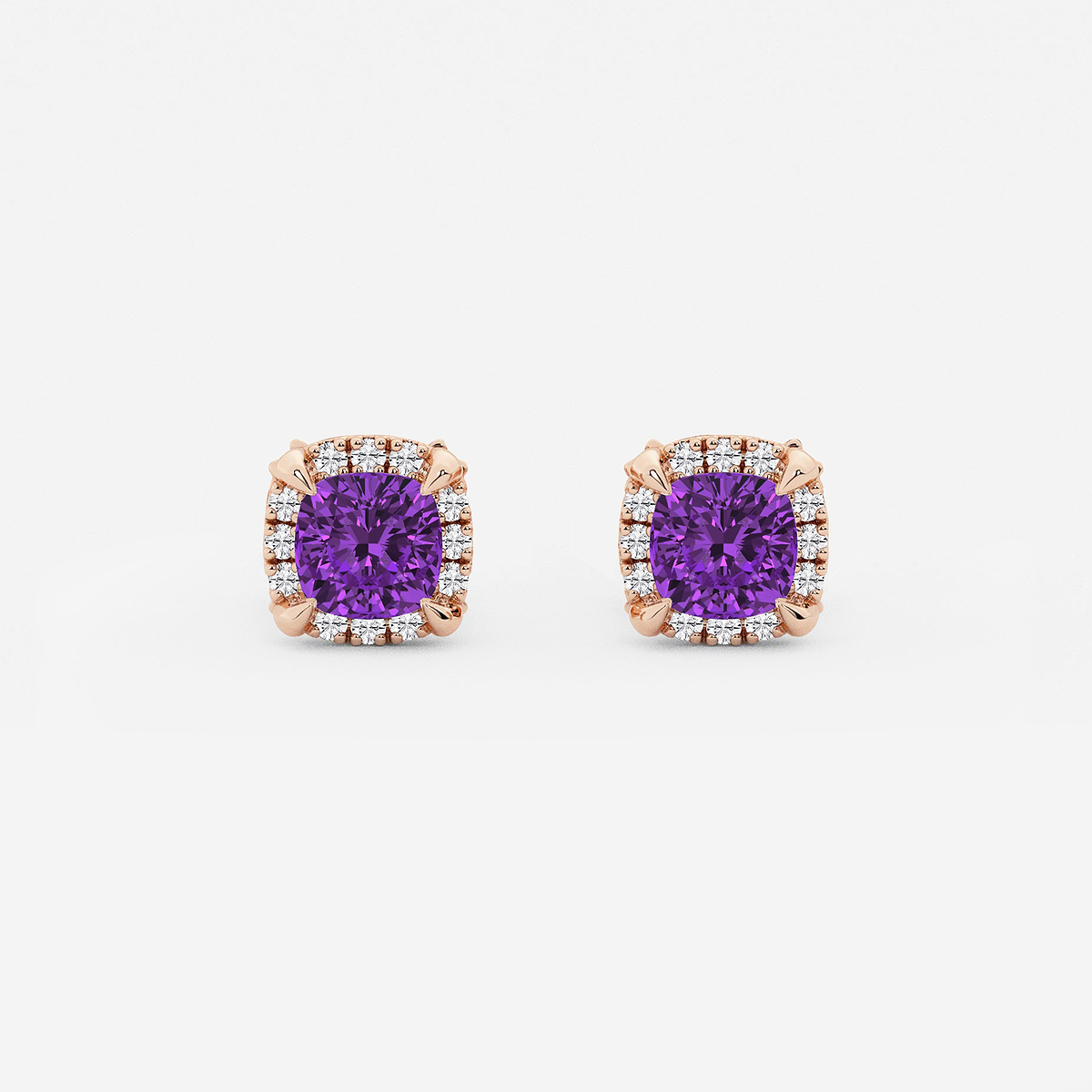 4.6 mm Cushion Cut Created Amethyst and 1/4 ctw Round Lab Grown Diamond Shadow Halo Stud Earrings