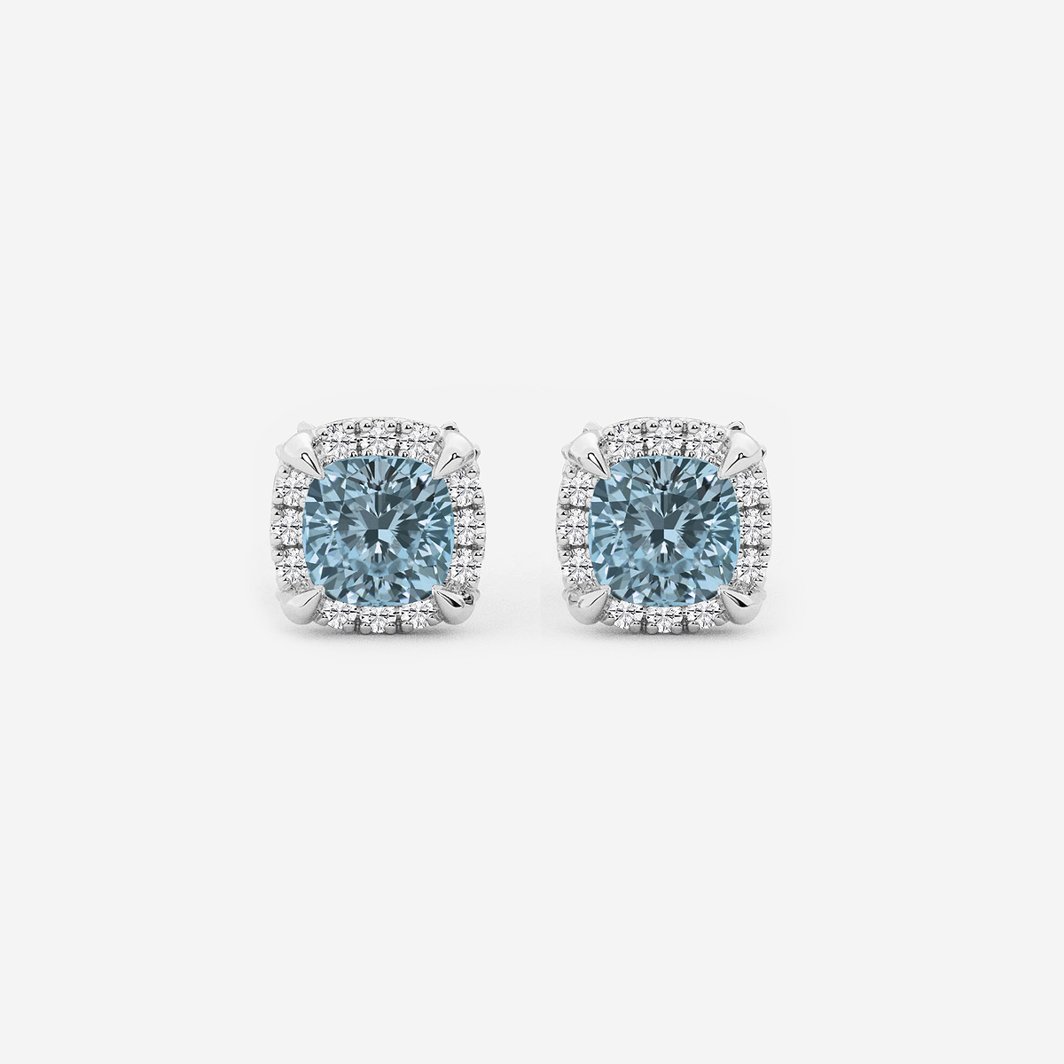 4.6 mm Cushion Cut Created Aquamarine and 1/4 ctw Round Lab Grown Diamond Shadow Halo Stud Earrings