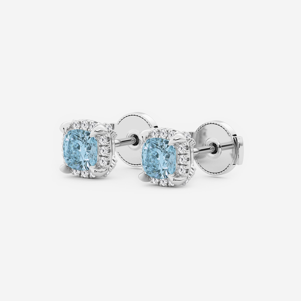 Additional Image 1 for  4.6 mm Cushion Cut Created Aquamarine and 1/4 ctw Round Lab Grown Diamond Shadow Halo Stud Earrings