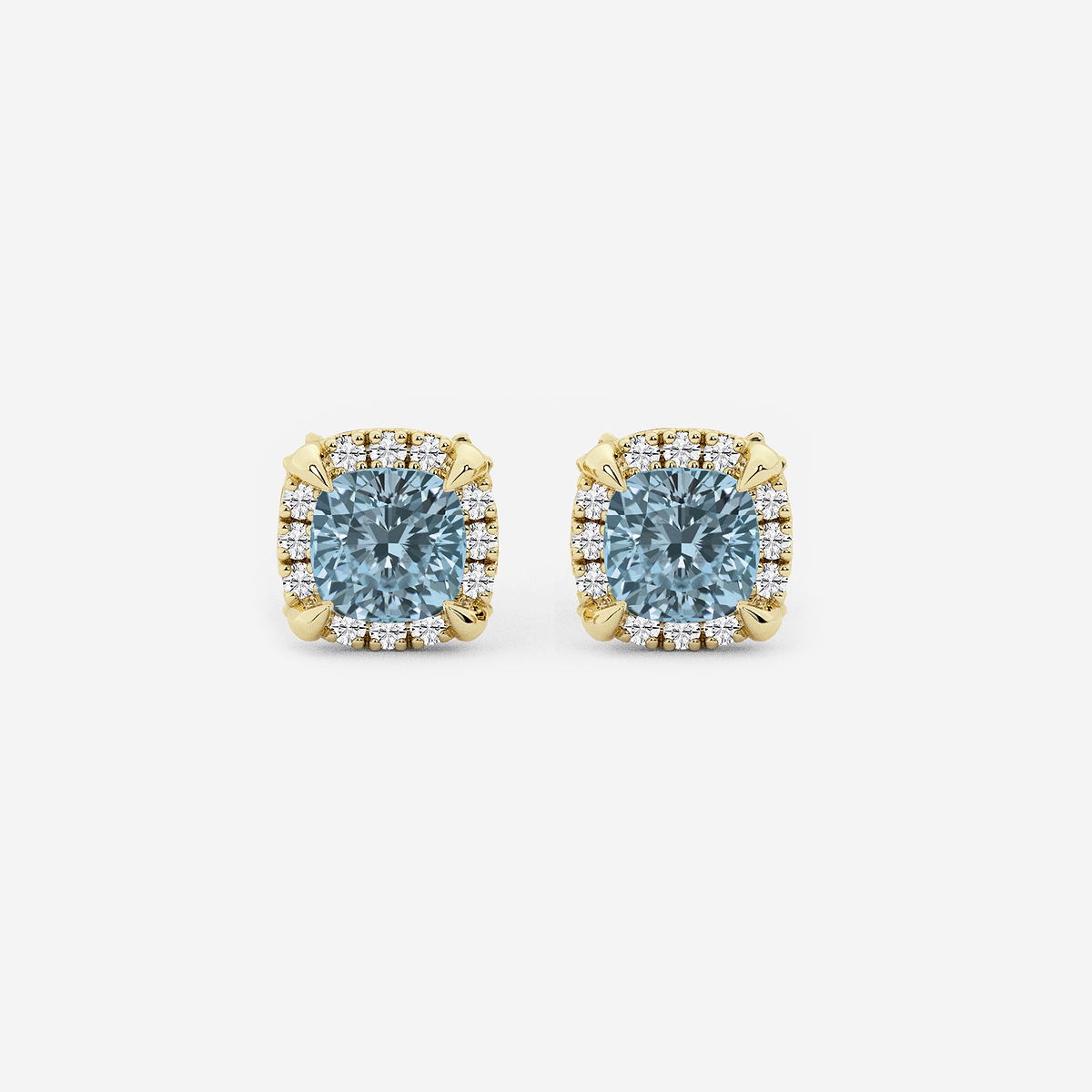 4.6 mm Cushion Cut Created Aquamarine and 1/4 ctw Round Lab Grown Diamond Shadow Halo Stud Earrings