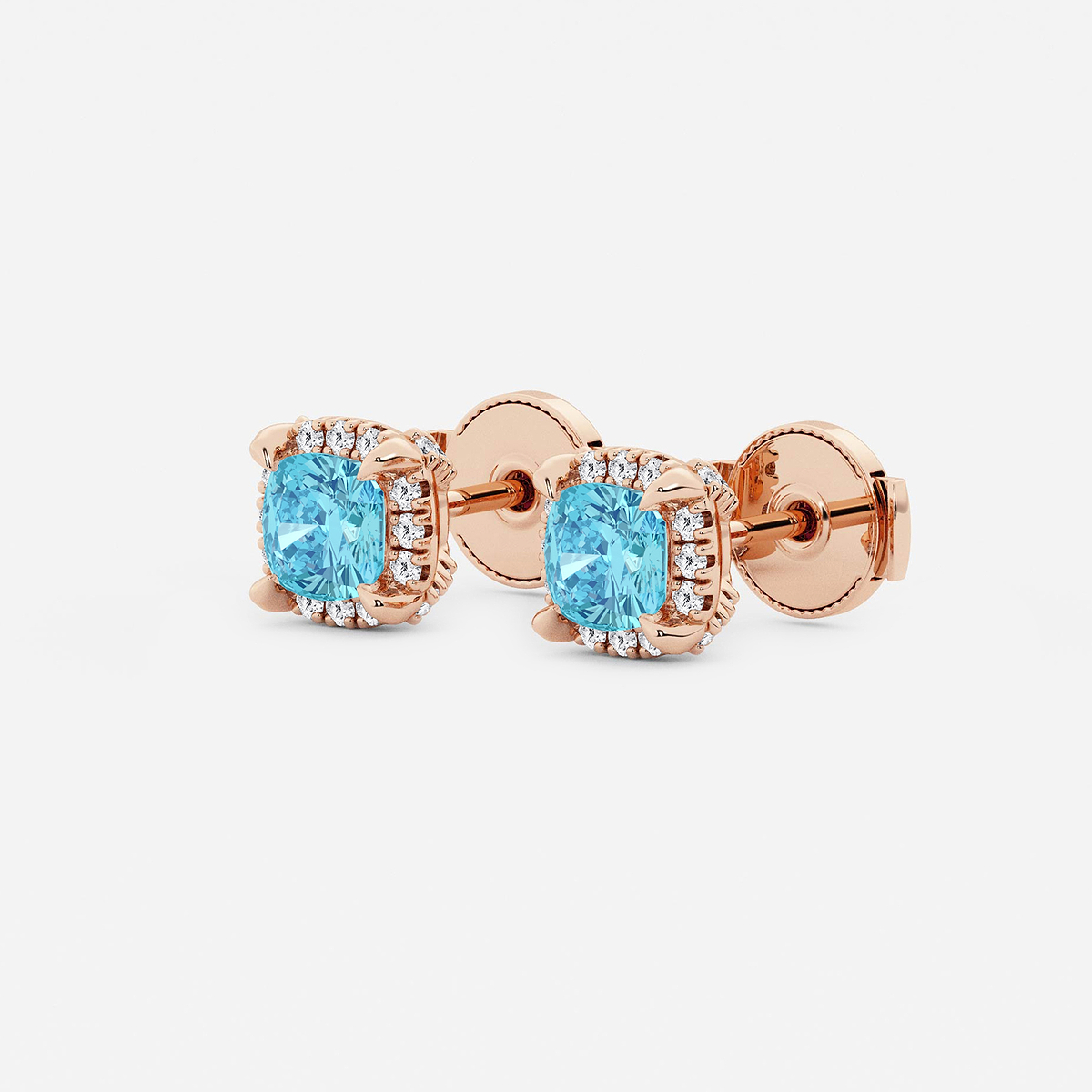 Additional Image 1 for  4.6 mm Cushion Cut Created Blue Topaz and 1/4 ctw Round Lab Grown Diamond Shadow Halo Stud Earrings