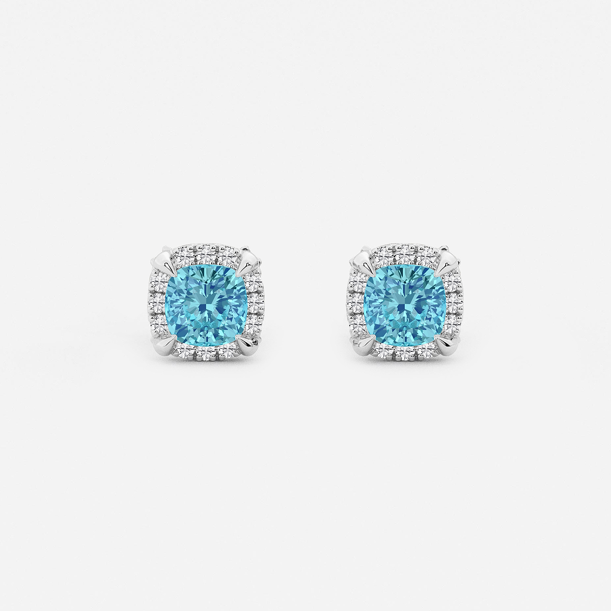 4.6 mm Cushion Cut Created Blue Topaz and 1/4 ctw Round Lab Grown Diamond Shadow Halo Stud Earrings