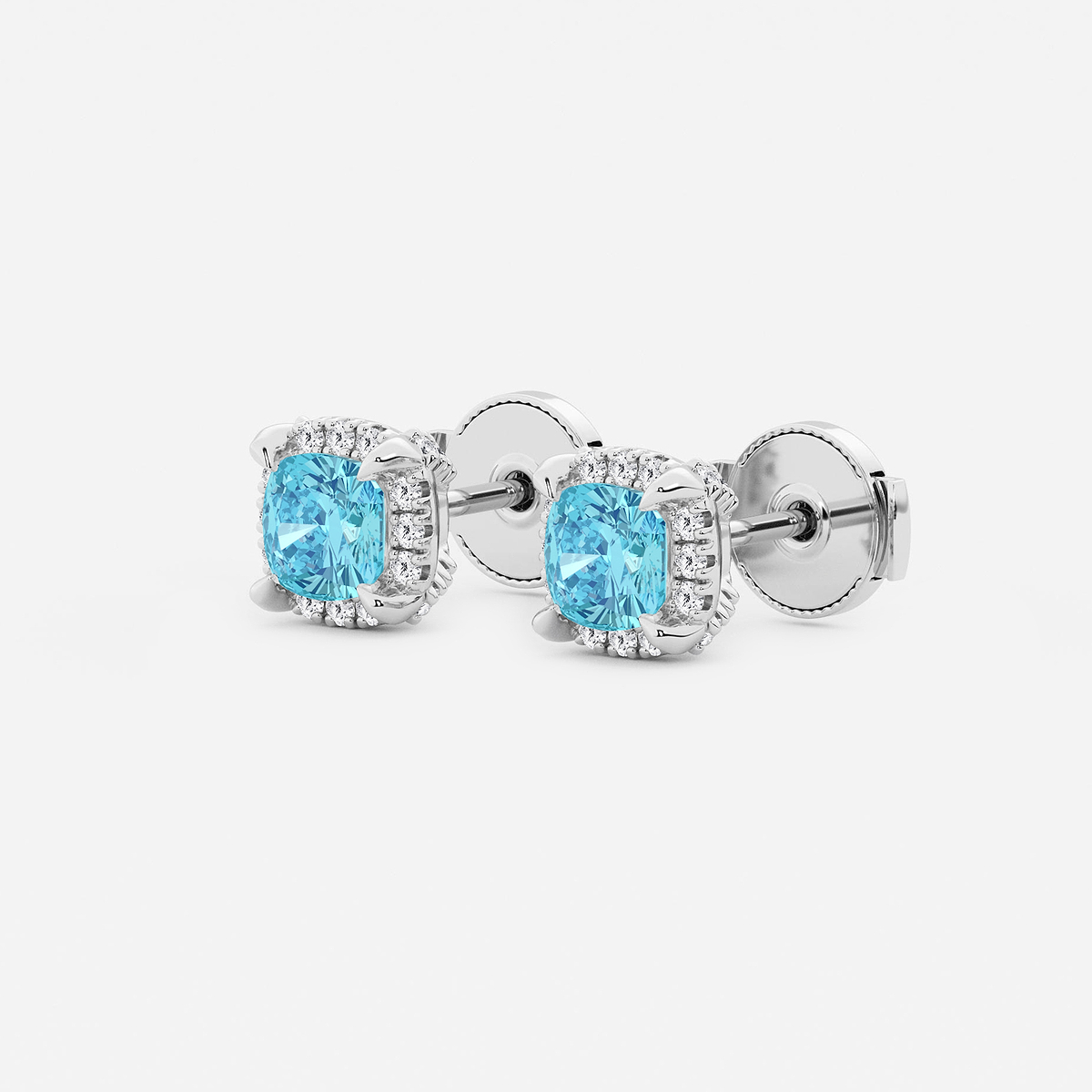 Additional Image 1 for  4.6 mm Cushion Cut Created Blue Topaz and 1/4 ctw Round Lab Grown Diamond Shadow Halo Stud Earrings
