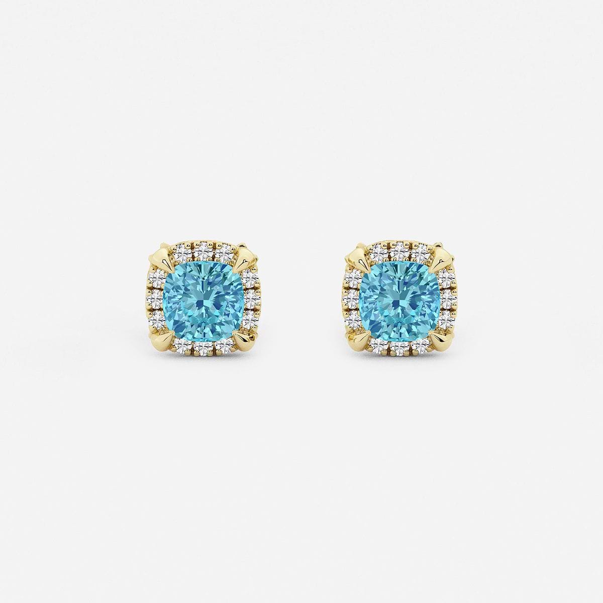 4.6 mm Cushion Cut Created Blue Topaz and 1/5 ctw Round Lab Grown Diamond Shadow Halo Stud Earrings 14K Yellow Gold