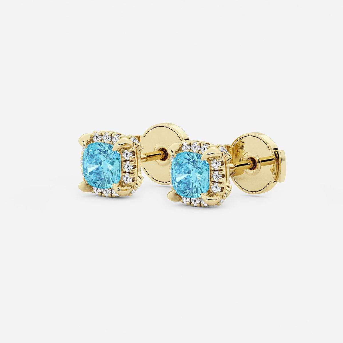 4.6 mm Cushion Cut Created Blue Topaz and 1/5 ctw Round Lab Grown Diamond Shadow Halo Stud Earrings 14K Yellow Gold