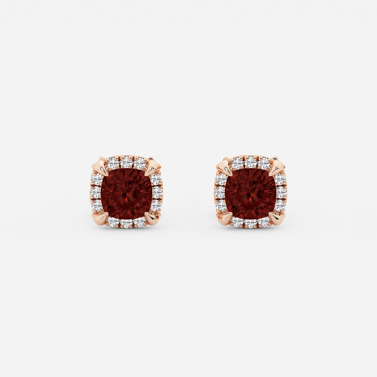 4.6 mm Cushion Cut Created Garnet and 1/4 ctw Round Lab Grown Diamond Shadow Halo Stud Earrings