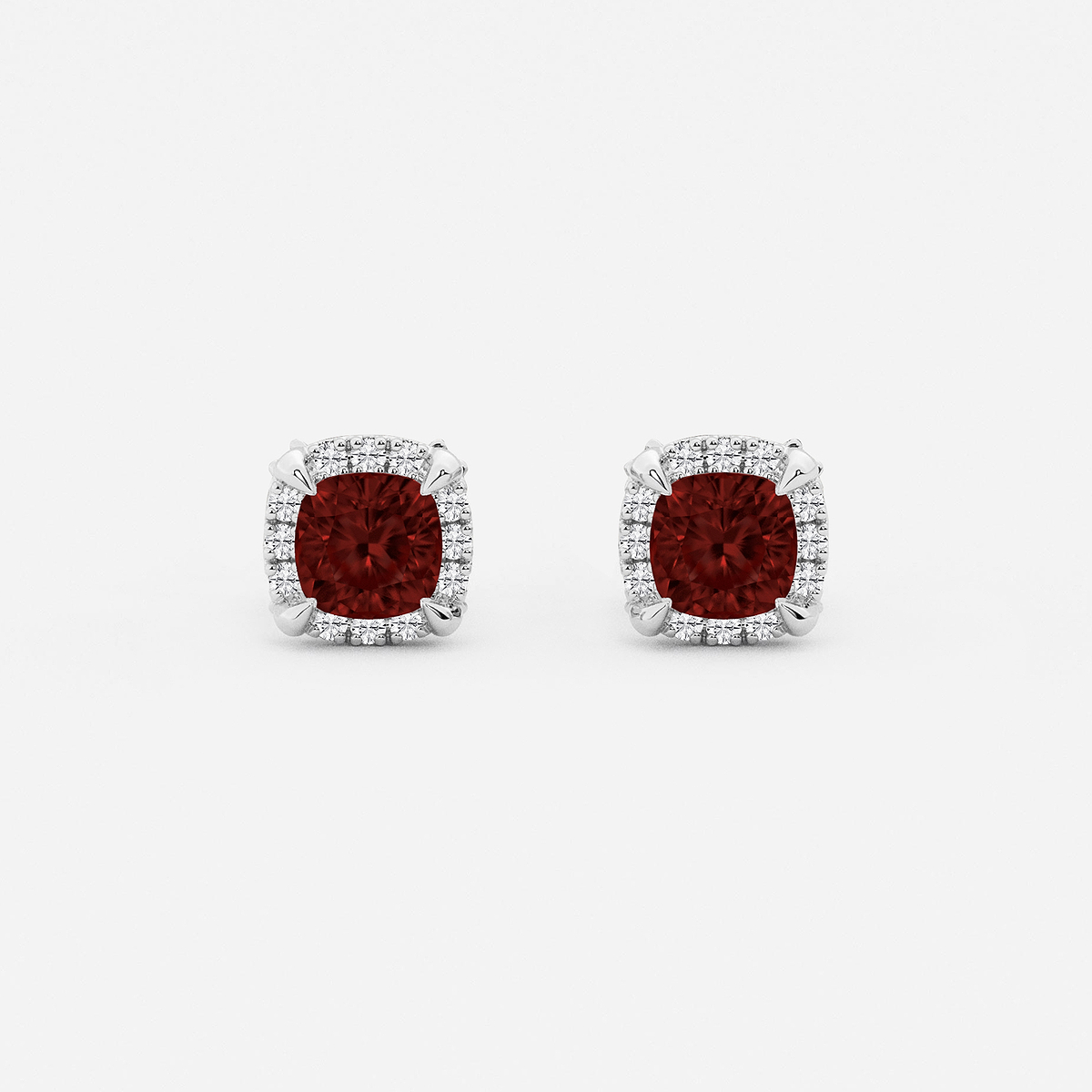 4.6 mm Cushion Cut Created Garnet and 1/4 ctw Round Lab Grown Diamond Shadow Halo Stud Earrings