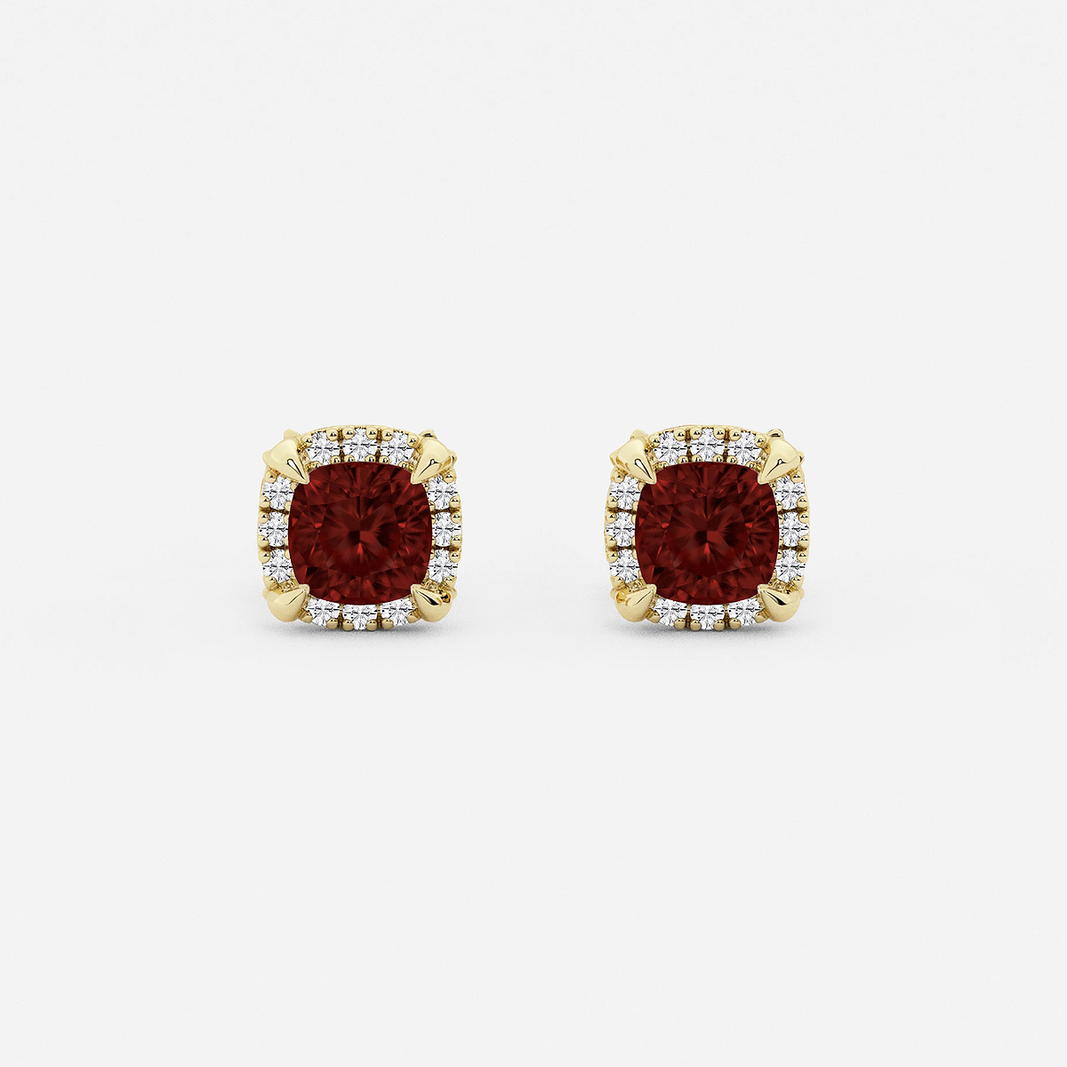 4.6 mm Cushion Cut Created Garnet and 1/4 ctw Round Lab Grown Diamond Shadow Halo Stud Earrings