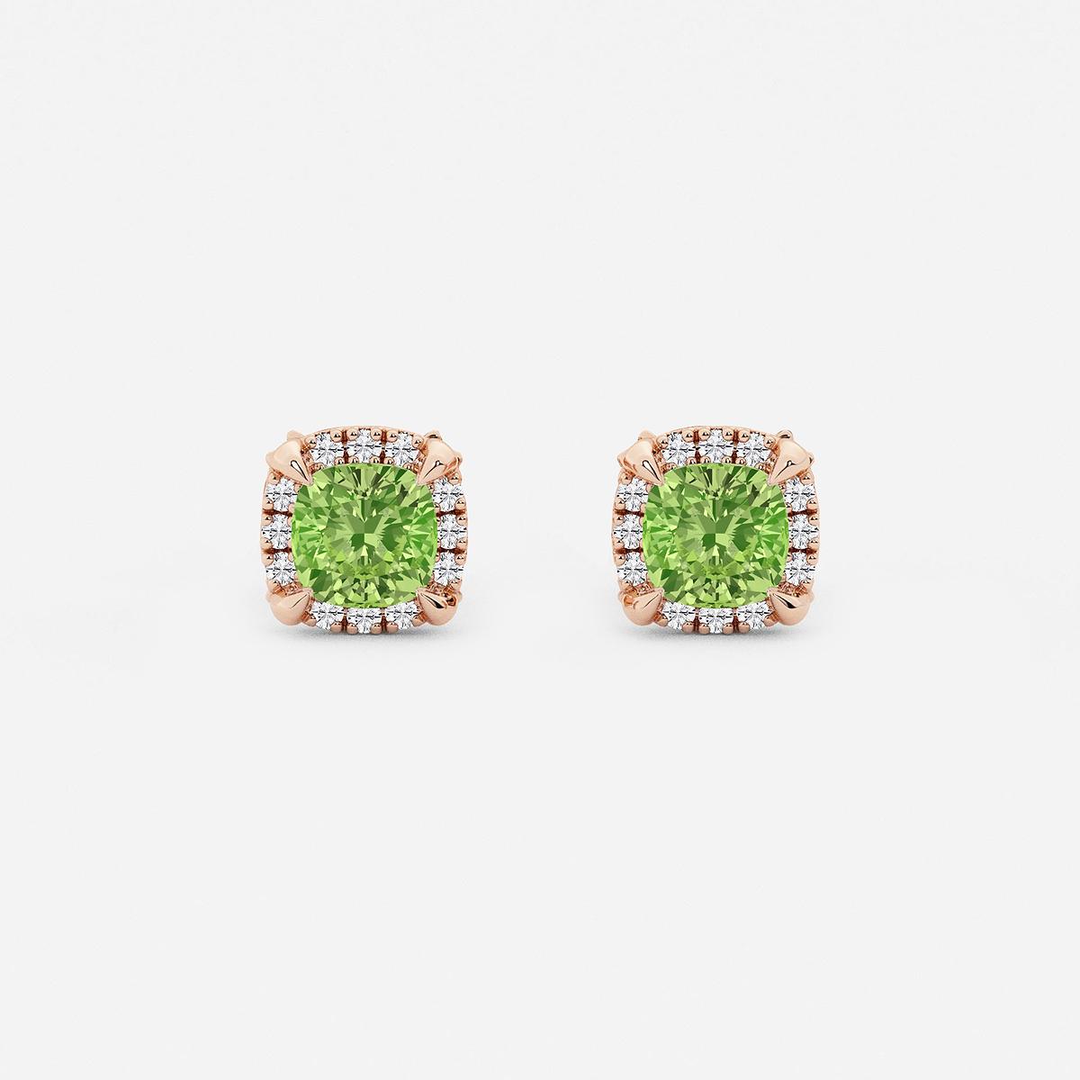 4.6 mm Cushion Cut Created Peridot and 1/4 ctw Round Lab Grown Diamond Shadow Halo Stud Earrings