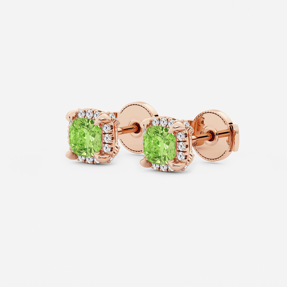Additional Image 1 for  4.6 mm Cushion Cut Created Peridot and 1/4 ctw Round Lab Grown Diamond Shadow Halo Stud Earrings