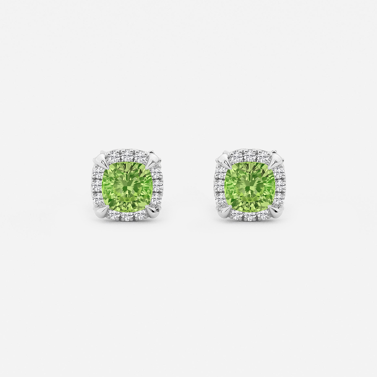 4.6 mm Cushion Cut Created Peridot and 1/4 ctw Round Lab Grown Diamond Shadow Halo Stud Earrings