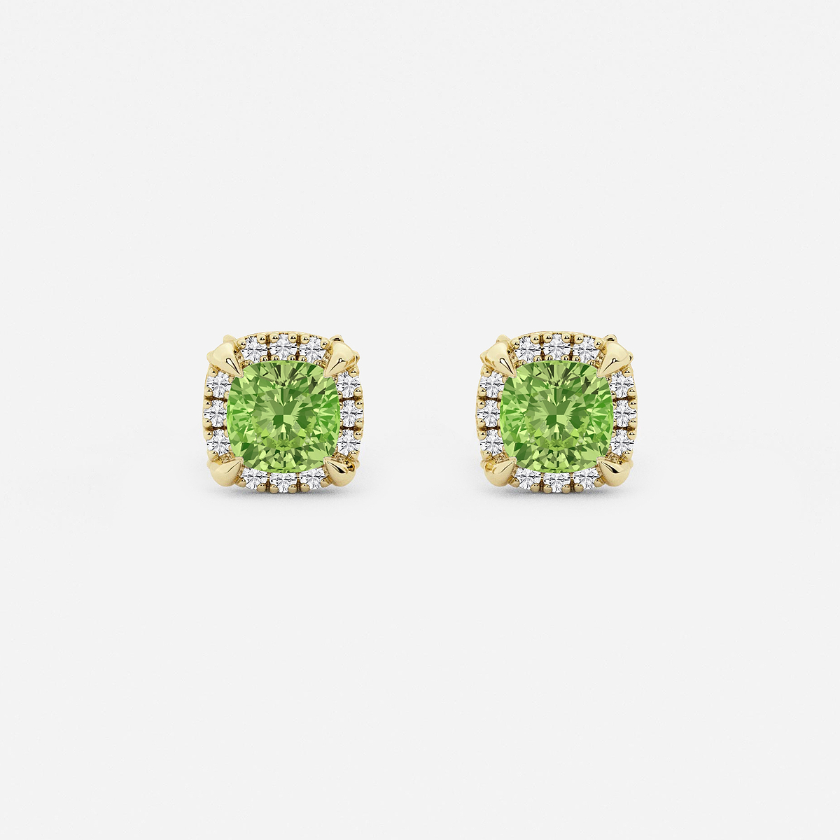 4.6 mm Cushion Cut Created Peridot and 1/4 ctw Round Lab Grown Diamond Shadow Halo Stud Earrings