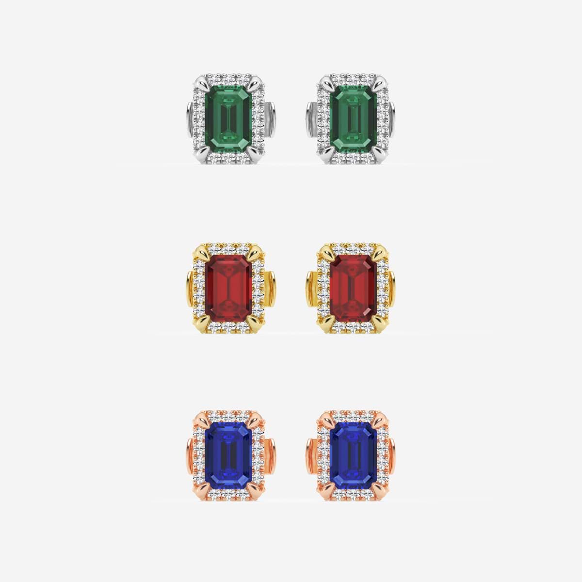 Additional Image 2 for  6x4 mm Emerald Cut Created Ruby and 1/4 ctw Round Lab Grown Diamond Shadow Halo Stud Earrings