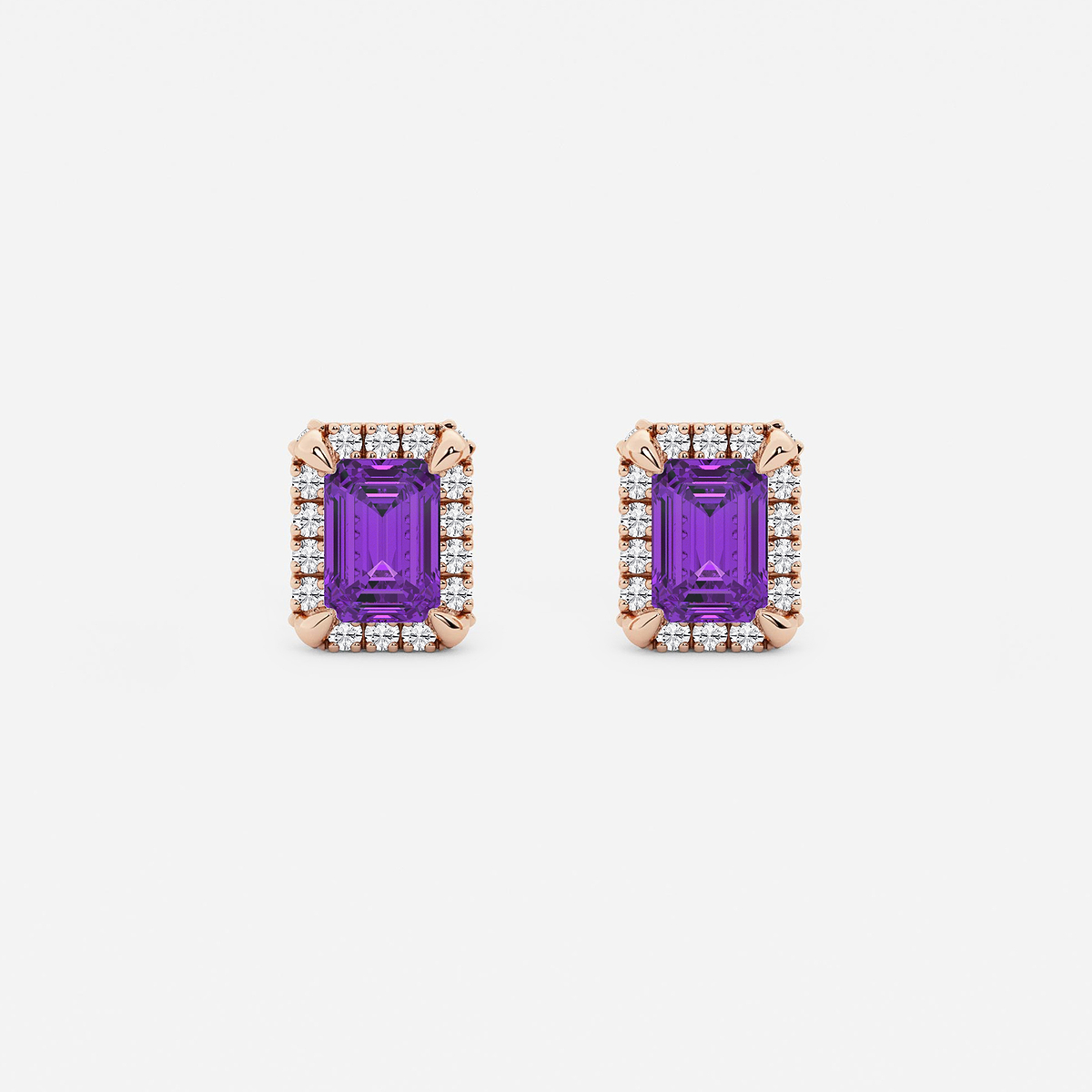 6x4 mm Emerald Cut Created Amethyst and 1/4 ctw Round Lab Grown Diamond Shadow Halo Stud Earrings